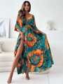 Detail of bohemian floral print dress with deep V-neck, waist drawstring and side slit - S / Tops / Green