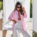Women's pink striped button-down shirt with white wide-leg pants and drawstring waist - Pink Stripe