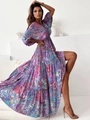 Detail of bohemian tiered maxi dress featuring a deep V-neck and abstract ink print texture - S / Light Purple