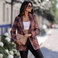 Chic women's plaid blazer in brownish-red check with a slim fit for autumn street style - Dark Brown