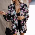 Giacca blazer nera chic con stampa floreale rosa e menta per la moda autunnale - S / Nero Floreale