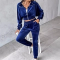 Tweeledig dames trainingspak set van donkerblauw fluweel met hoodie en joggingbroek - S / Donkerblauw