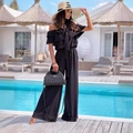 Eleganter schwarzer schulterfreier Jumpsuit mit Rüschen und weitem Bein für den Sommer - S / Schwarz