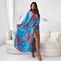 Royal blue V-neck maxi dress with red floral print and high leg slit feature - S / Blue