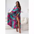Sexy V-neck 3/4 sleeve maxi dress in vibrant plum purple and teal tie-dye print - S / Purple