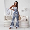 Conjunto bohemio estampado paisley con top corto y pantalones de pierna ancha alta - Azul Cielo (105350)