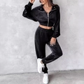 Dames tweedelig zwart fluwelen trainingspak met hoodie en high-waist joggingbroek - S / Zwart