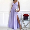 Elegant lavender evening maxi dress with lace cap sleeves and high side slit - Purple