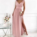 Elegantes altrosa ärmelloses Maxikleid mit V-Ausschnitt, Spitze und hohem Beinschlitz - S / Rosa