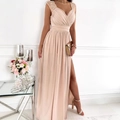Elegant champagne V-neck evening maxi dress with lace sleeves and high side slit - Apricot