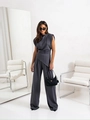 Detail view of dark grey sleeveless asymmetrical top and wide-leg trousers set - S / Dark Gray