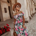 Summer off-shoulder floral maxi dress with smocked bodice and vibrant flower print - S / Blue