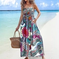 Abito lungo con stampa paisley e spalline sottili per le vacanze estive al mare - S / Blu