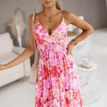 Pink floral maxi dress with V-neck, spaghetti straps and elastic waist for summer - S / Pink