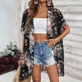 Cardigan kimono in chiffon nero a fiori da donna, perfetto per l'estate e la spiaggia - S / Nero Floreale