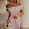 Off-shoulder floral mini dress with shirred bodice and puff sleeves in white red pattern - S / White