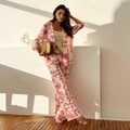 Conjunto de 2 piezas para mujer en algodón y lino floral con cárdigan y pantalón - S / Rojo