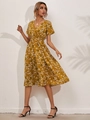 Mustard yellow floral V-neck midi dress with smocked waist and short sleeves - S / Yellow