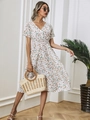 White V-neck short sleeve dress with orange floral print and elastic waist - S / White