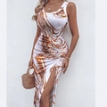 Sleeveless bodycon dress with orange marble print and drawstring side slit detail - Khaki Marble
