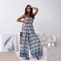 Bohemian floral print jumpsuit with V-neck spaghetti straps and woven waist belt - S / Off White