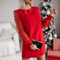 Elegant red crew neck mini dress with sheer mesh polka dot long sleeves for party wear - S / Red