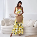 Damen Sommer-Maxikleid mit lebhaftem Zitronendruck und Spaghettiträgern für den Urlaub - S / Weiß Blumendruck