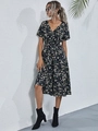 Short sleeve V-neck midi dress featuring a black floral print with a fitted high waistline - S / Black