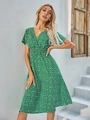 Short sleeve V-neck midi dress in dark green with white daisy floral print and elastic waist - S / Light Green