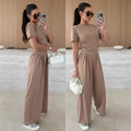 Women's casual two-piece beige set with side drawstring crop top and wide-leg trousers - S / Khaki