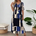 Women's V-neck short sleeve dress with abstract geometric print in navy and beige - S / Blue