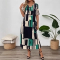 Women's V-neck midi dress with green geometric print and short sleeves in a loose fit - Green