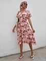 Pink bohemian summer dress with floral prints and elegant V-neckline waist tie - S / Pink