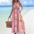 Abito lungo bohémien rosa a fiori con schiena scoperta e vita alta stile vintage - S / Rosa