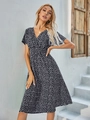 Short sleeve V-neck floral dress with elastic high waist and A-line skirt in black floral - S / Black