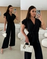 Detail of black V-neck jumpsuit with ruffled sleeves and adjustable waist tie belt - S / Black