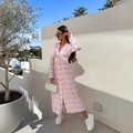 Abito lungo con scollo a V e stampa floreale rosa su bianco con maniche lunghe - S / Fiore Rosa
