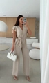 Detail of summer V-neck beige jumpsuit with ruffle sleeves and waist tie belt - S / Top And Bottom / Khaki