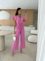 Detail of summer v-neck jumpsuit featuring ruffled sleeves and waist tie in rose pink - S / Top And Bottom / Pink