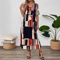 Women's V-neck short sleeve dress with red and black geometric block print pattern - S / Red