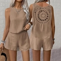 Dames 2-delige boho set van linnen met mouwloze top, gehaakte open rug en korte broek - S / Donker kaki