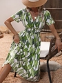 Women summer dress in white with green tropical leaf print and smocked waist - S / Green