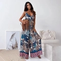 Deep blue tropical leaf print wide-leg jumpsuit with floral pattern and waist belt - S / Navy Blue