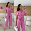 Pink V-neck jumpsuit with ruffle sleeves and drawstring waist in a wide-leg cut - S / Pink