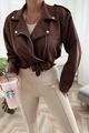 Detail of faux suede jacket with notched lapel and metal zipper in coffee brown color - Coffee