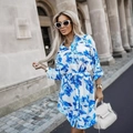 Women's autumn shirt dress featuring blue floral print and waist tie closure - S / White with Blue Flowers