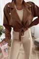 Detail of dark brown faux suede biker jacket featuring wide lapels and adjustable waist belt - Khaki
