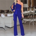 Detail of royal blue one-shoulder jumpsuit with waist tie and side-slit sleeve design - Blue