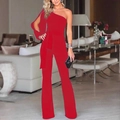 Elegant red one-shoulder long sleeve jumpsuit with a waist tie and flared leg cut - S / Red