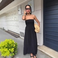 Elegant black strapless maxi dress with a slim waist and flowing ankle-length hem - S / Black